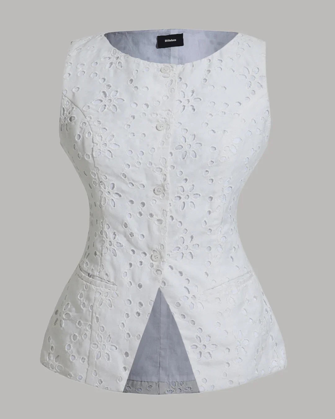 Printed Sleeveless Embroidered Eyelet Top