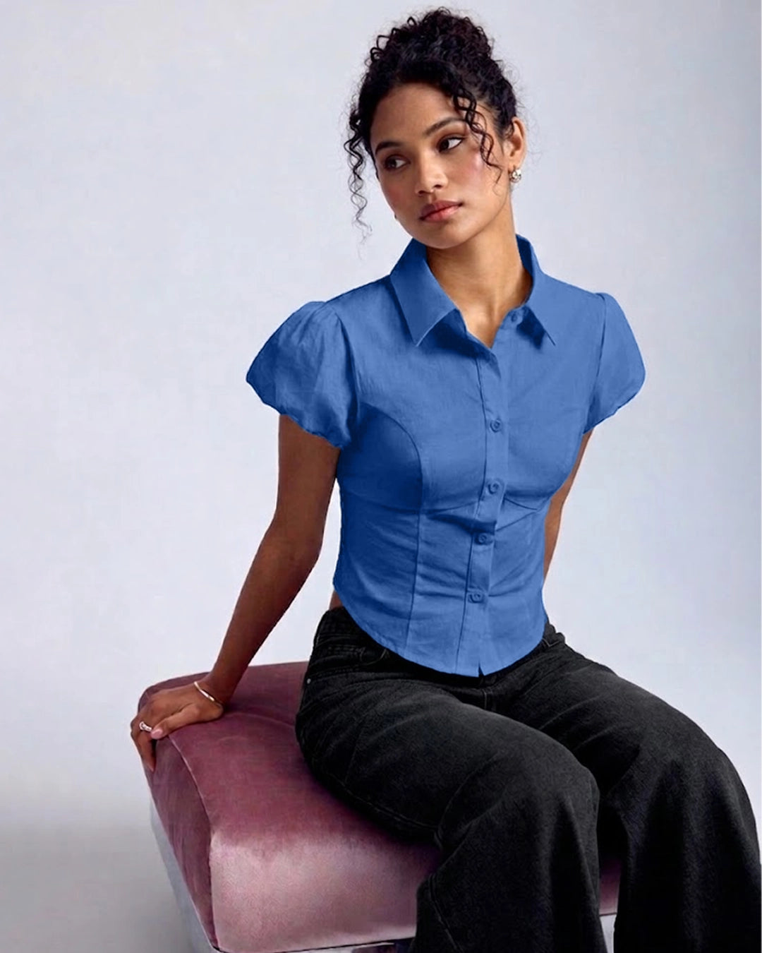 Puff Sleeve Crop Top in Blue