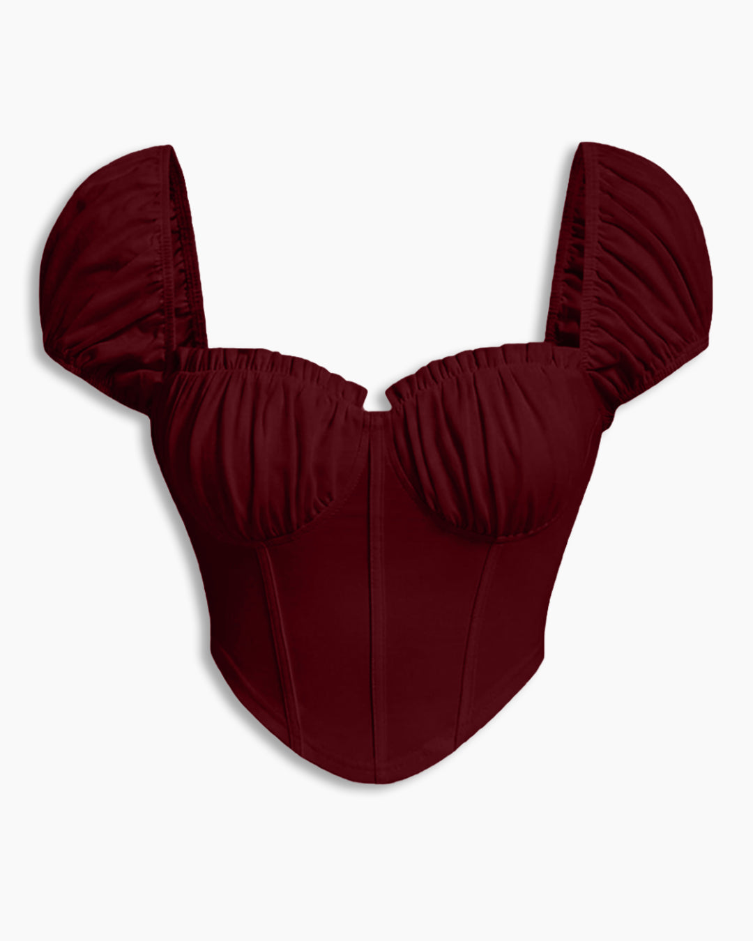 Puff Sleeve Sweetheart Neck Ruched Corset Top in Merlot