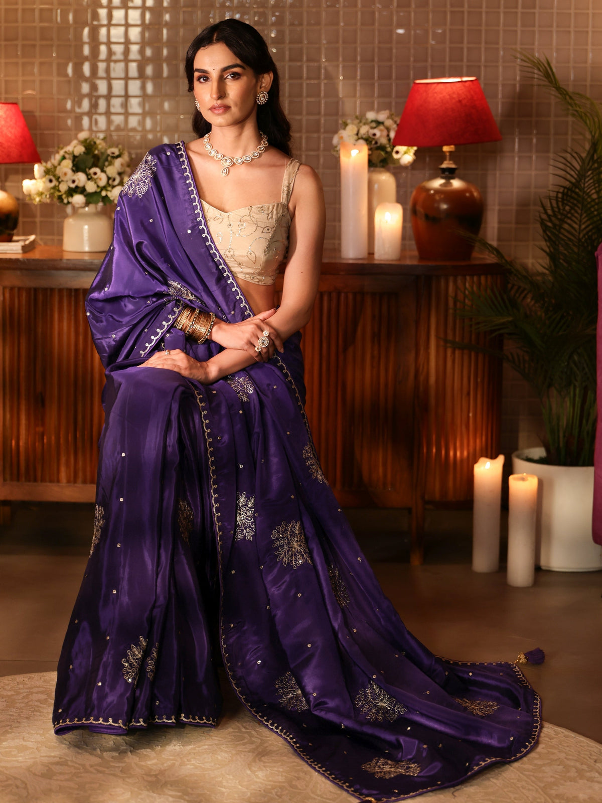 Anouk Purple Floral Embroidered Silk Blend Saree