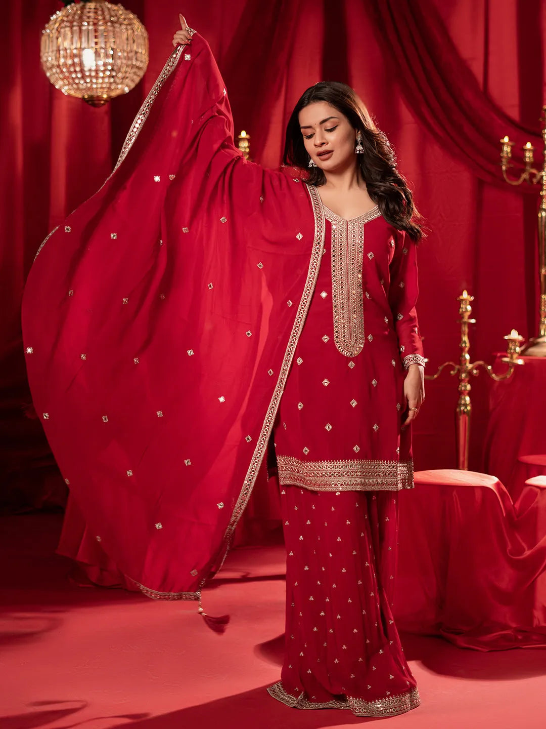 Anouk Surkh Red Embroidered Georgette Straight Suit With Dupatta