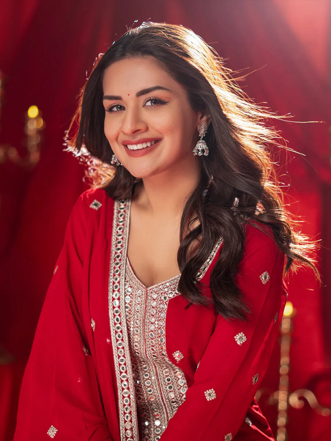 Anouk Surkh Red Embroidered Georgette Straight Suit With Dupatta