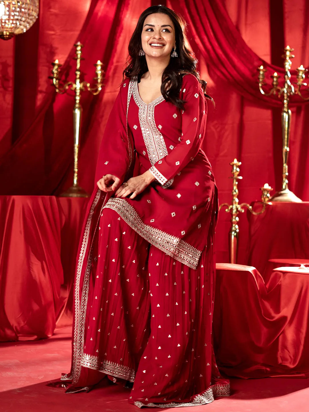 Anouk Surkh Red Embroidered Georgette Straight Suit With Dupatta