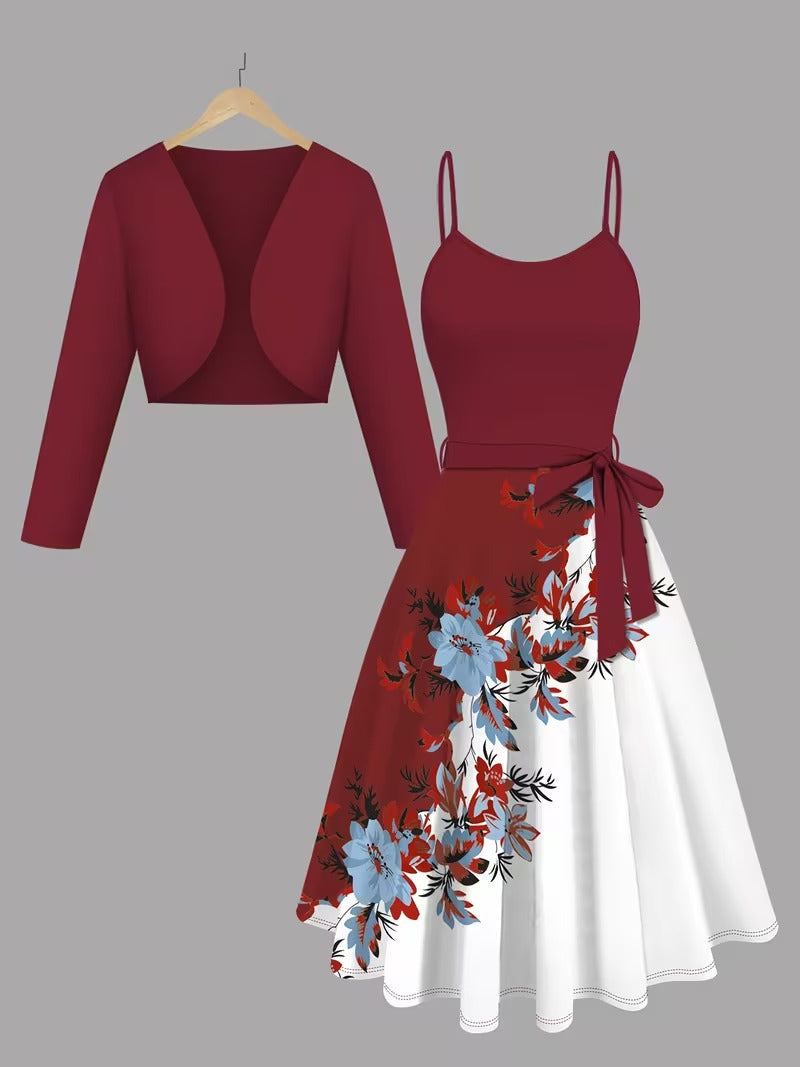 Elegant 2-Piece Women’s Outfit | Blue Cardigan Jacket with Floral Suspender Dress Set