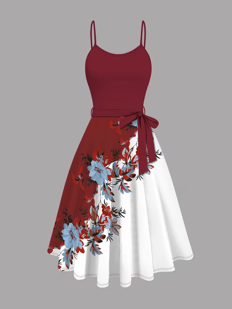 Elegant 2-Piece Women’s Outfit | Blue Cardigan Jacket with Floral Suspender Dress Set