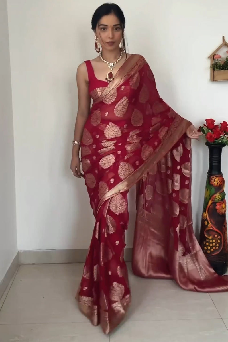 Delightful  1-Minute Ready To Wear Red Cotton Silk Saree
