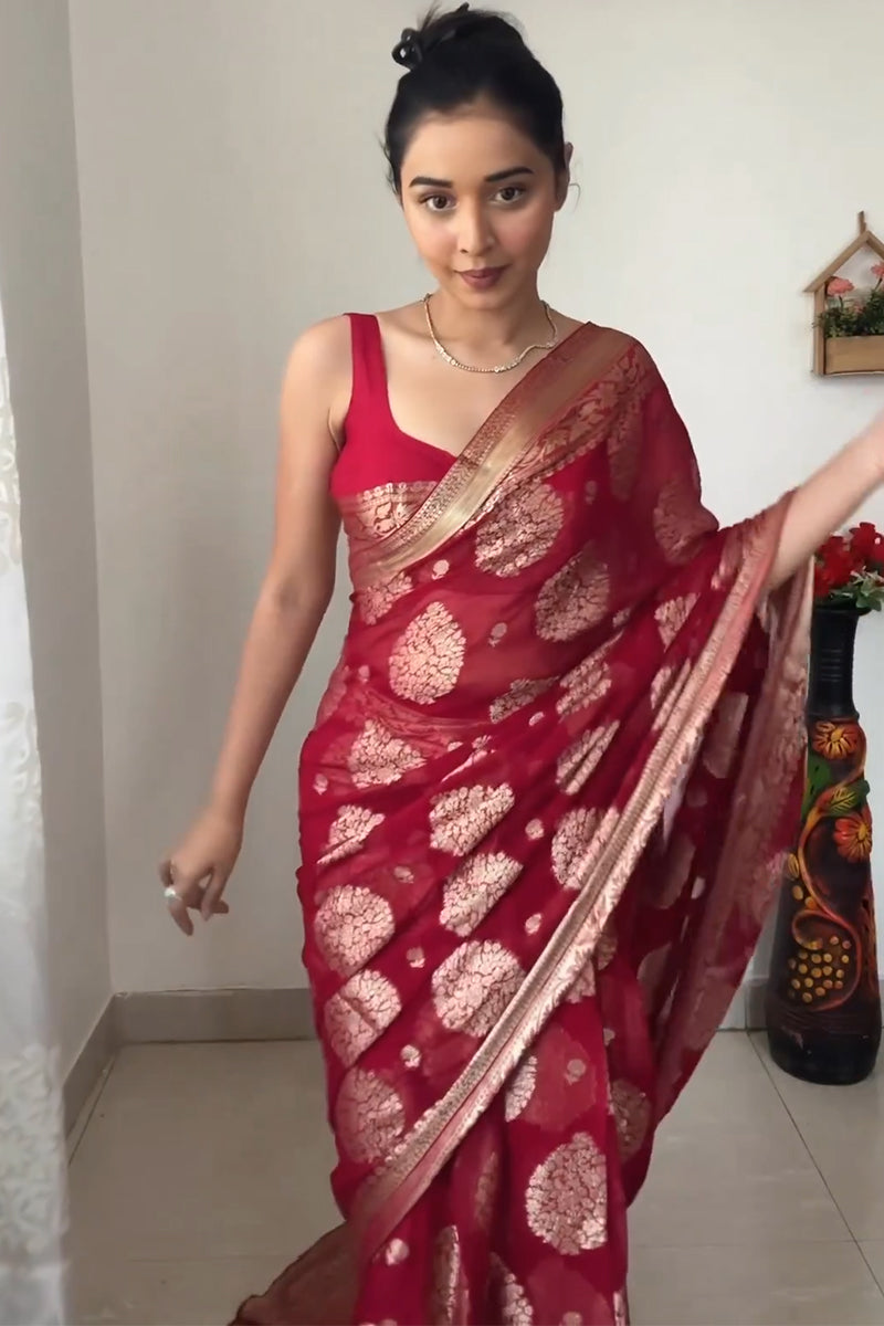 Delightful  1-Minute Ready To Wear Red Cotton Silk Saree