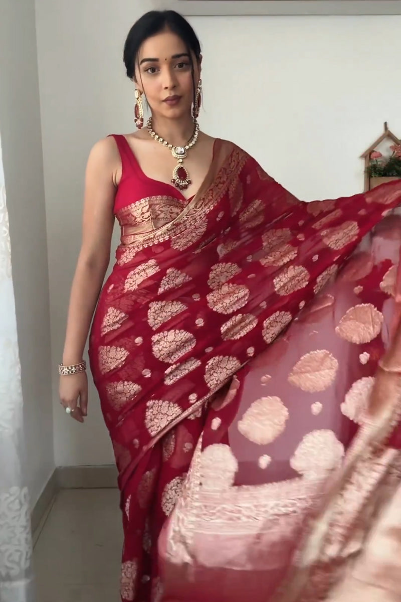 Delightful  1-Minute Ready To Wear Red Cotton Silk Saree