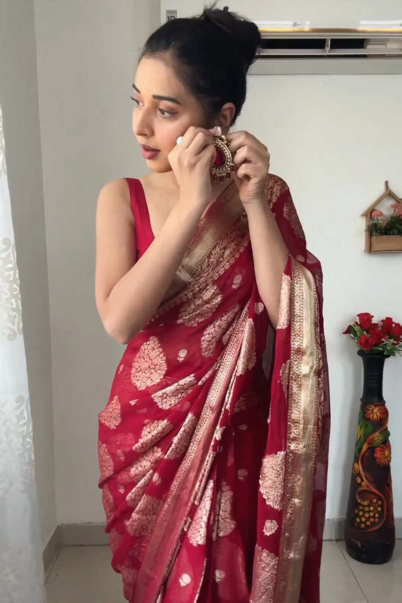 Delightful  1-Minute Ready To Wear Red Cotton Silk Saree