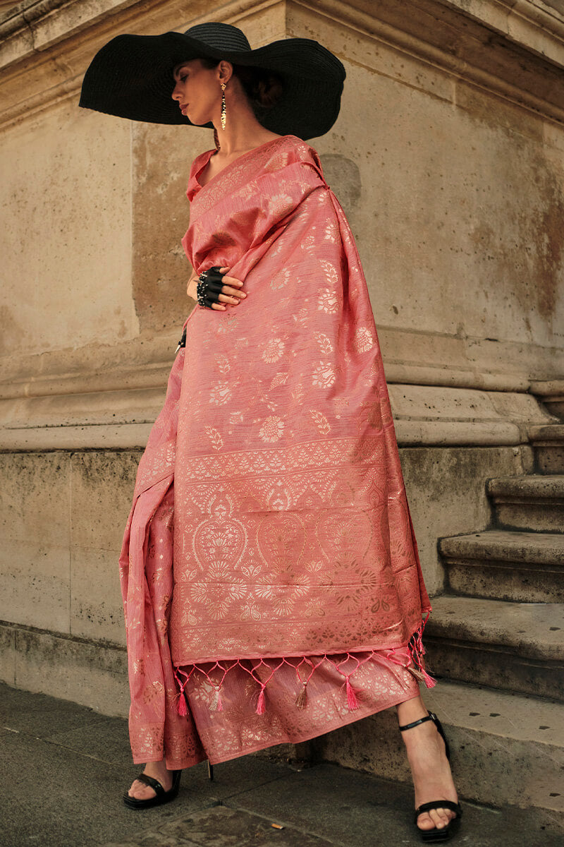 Peach Elegant Banarasi Silk Saree with Zari Weaving Blouse Pieces