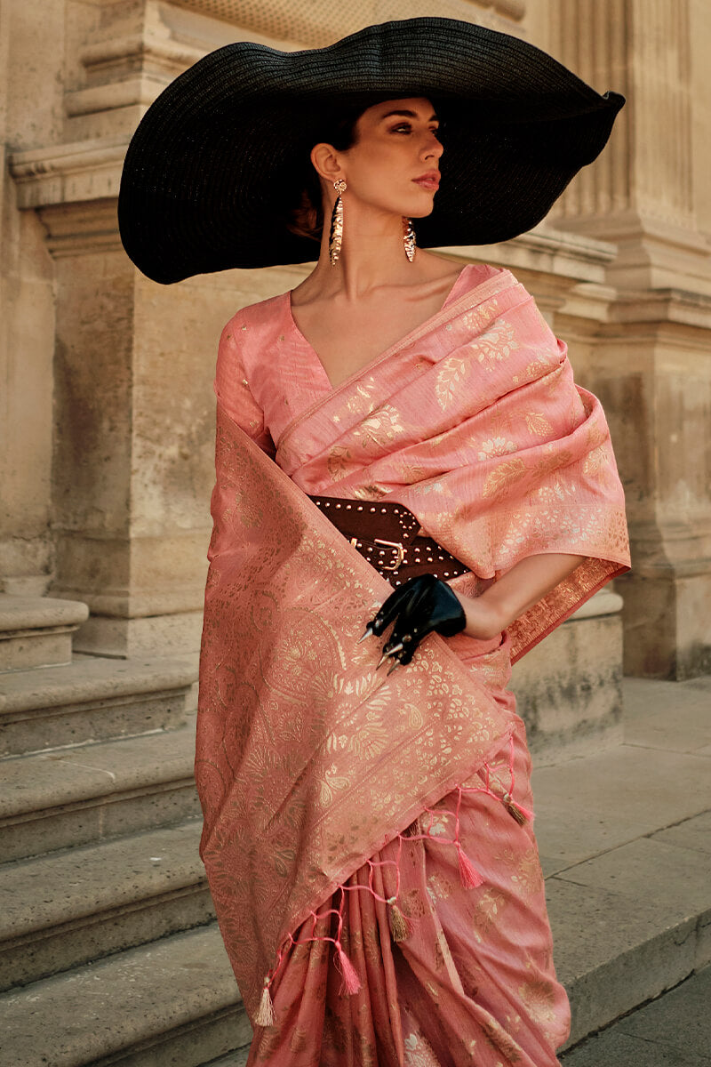 Peach Elegant Banarasi Silk Saree with Zari Weaving Blouse Pieces