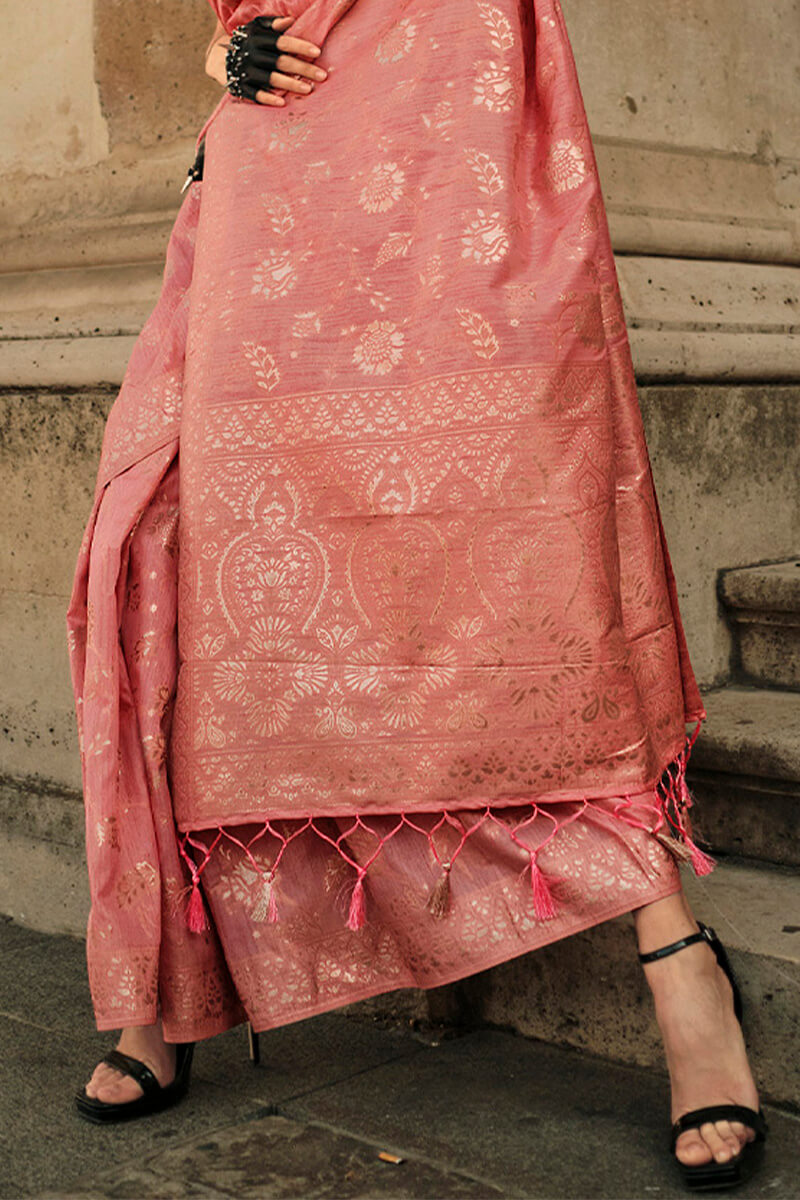 Peach Elegant Banarasi Silk Saree with Zari Weaving Blouse Pieces