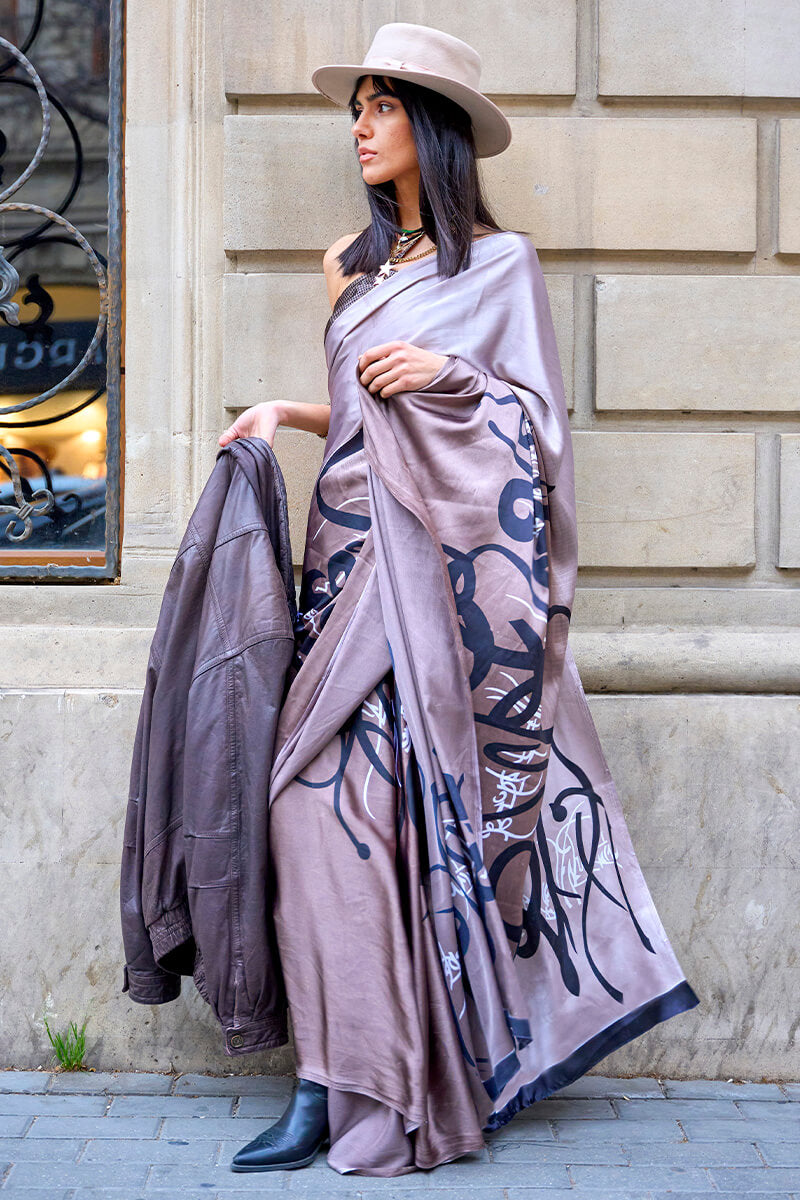 Confounding Lavender Digital Printed Satin Silk Saree With Serendipity Blouse Piece