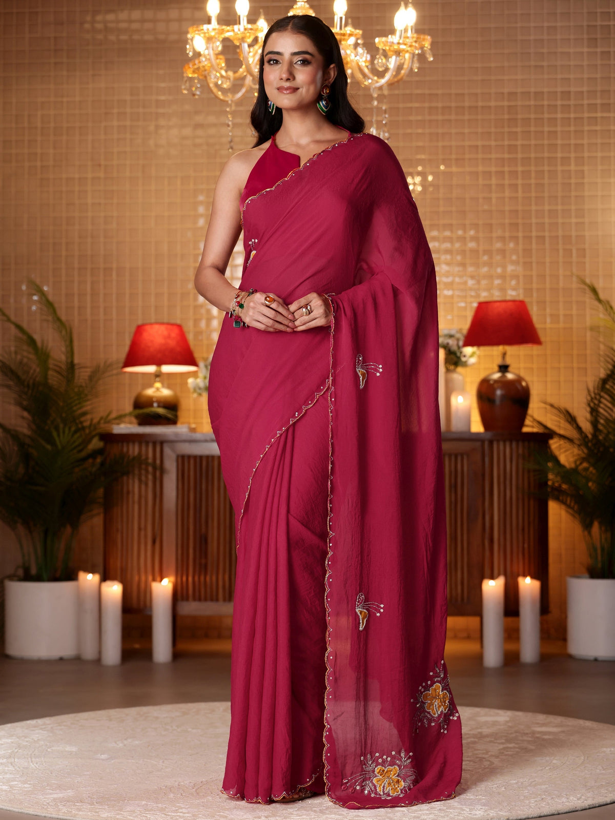 Anouk Rani Pink Floral Embellished Silk Blend Saree