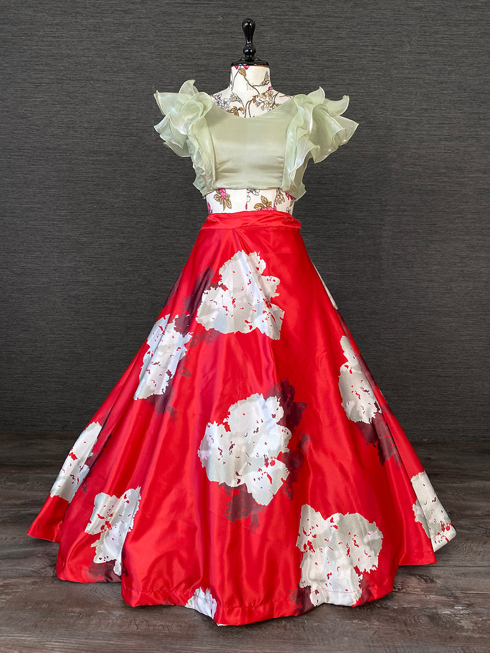 Red Color Heavy Dull Satin Floral Digital Printed Lehenga With Pista Color Varisa Silk Choli