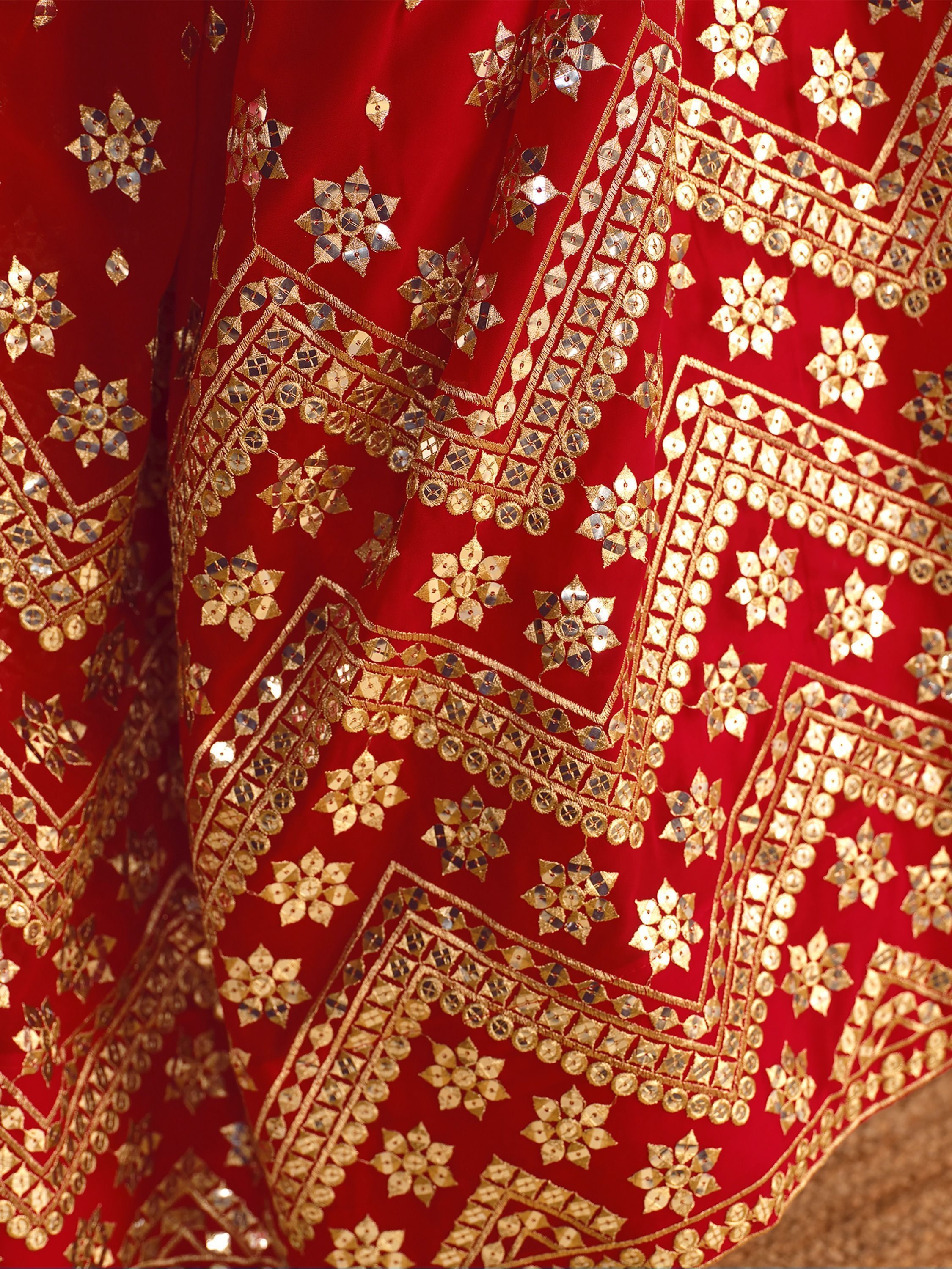 Red Sequin Georgette Wedding Lehenga Choli Set