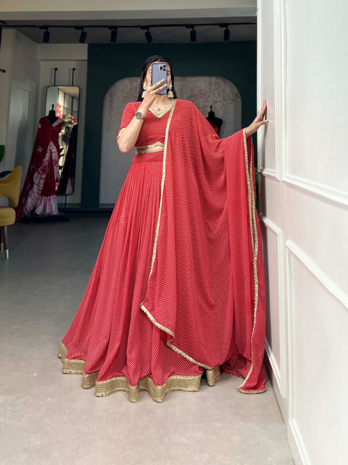 Red Color Dot Print Georgette Lehenga Choli