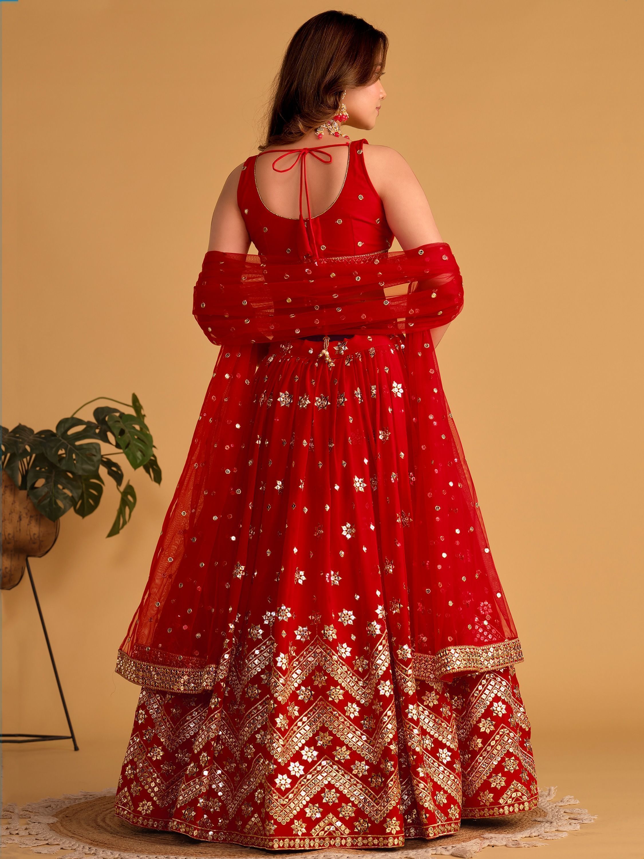 Red Sequin Georgette Wedding Lehenga Choli Set