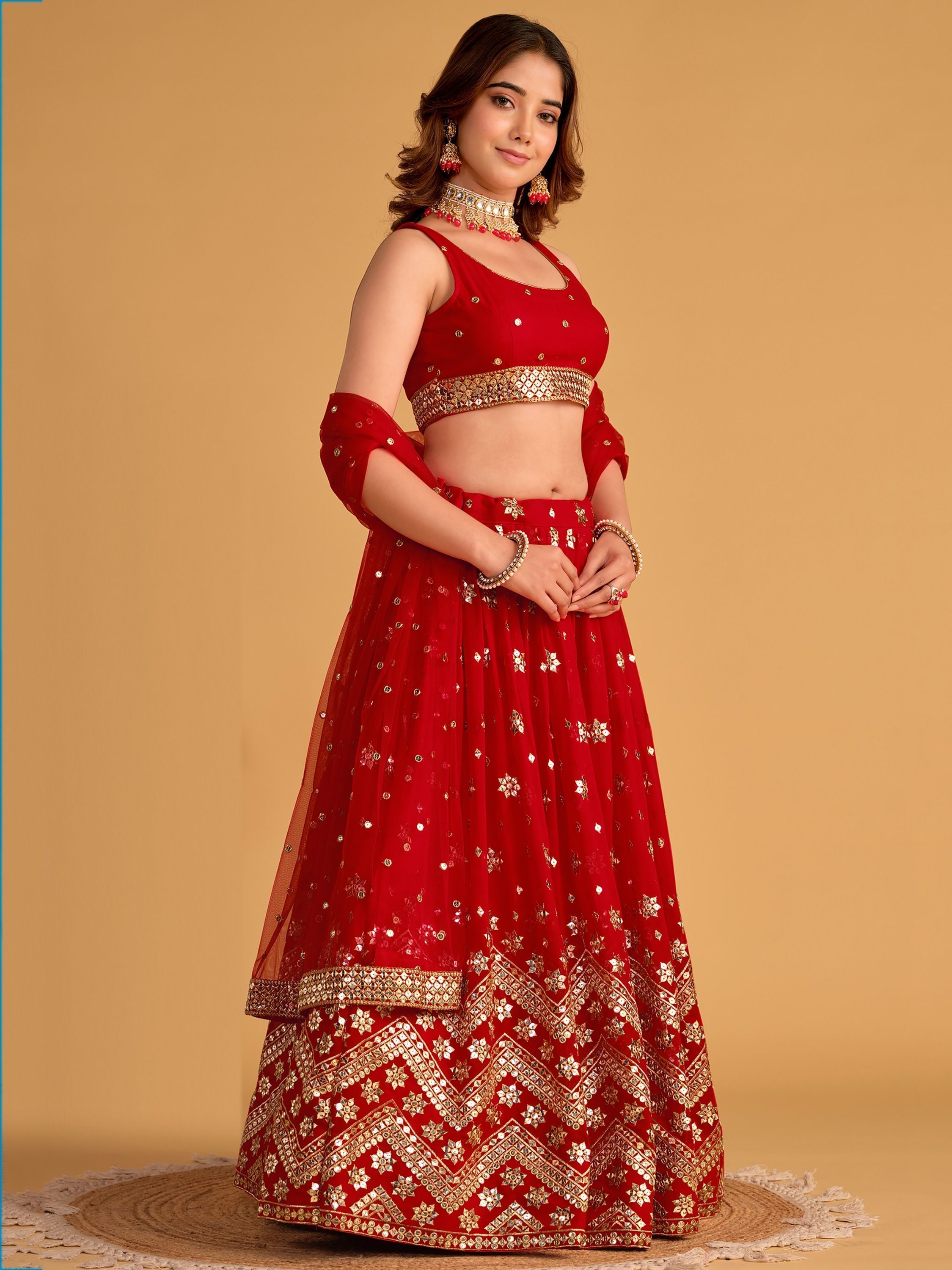 Red Sequin Georgette Wedding Lehenga Choli Set