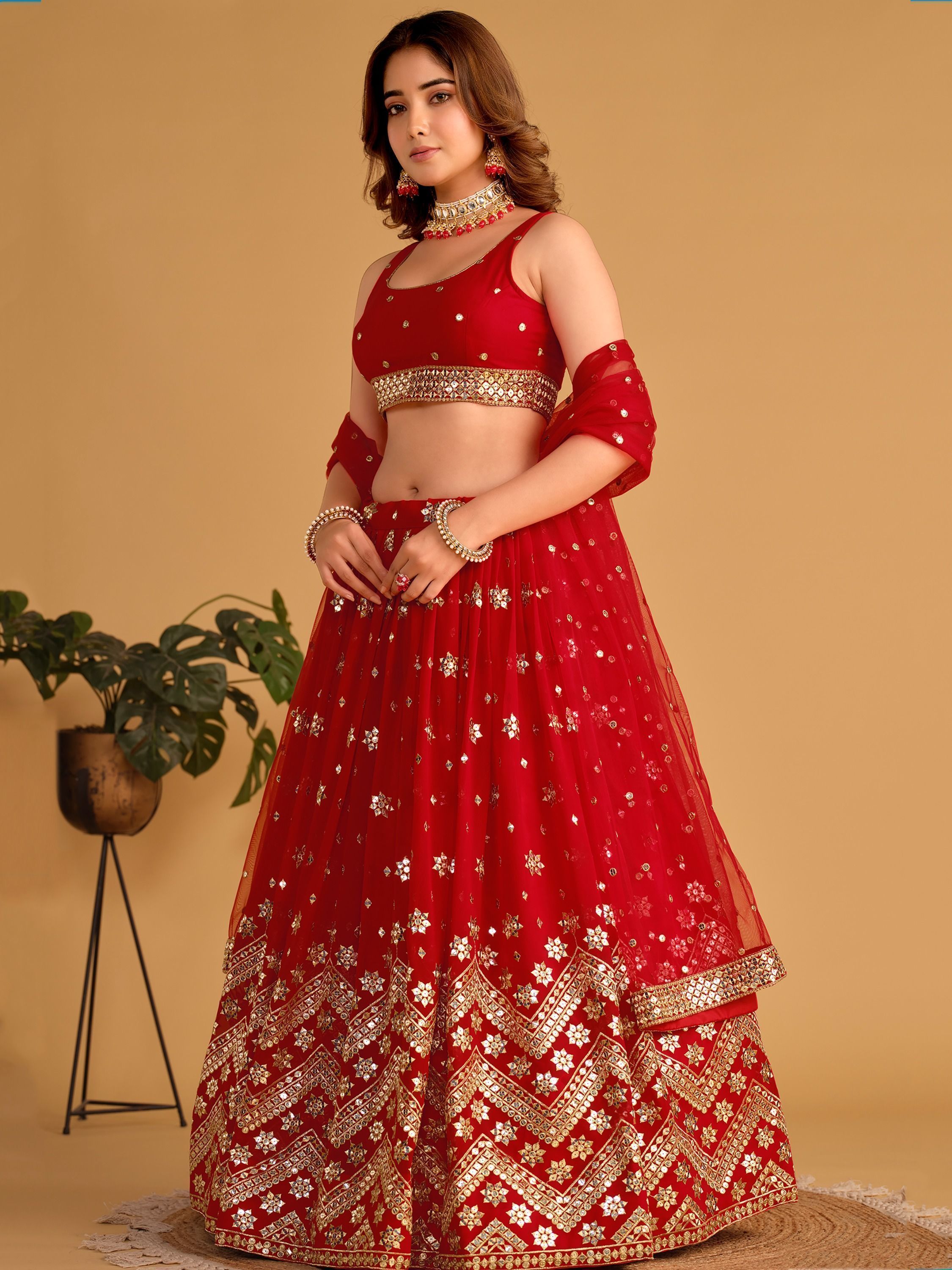 Red Sequin Georgette Wedding Lehenga Choli Set