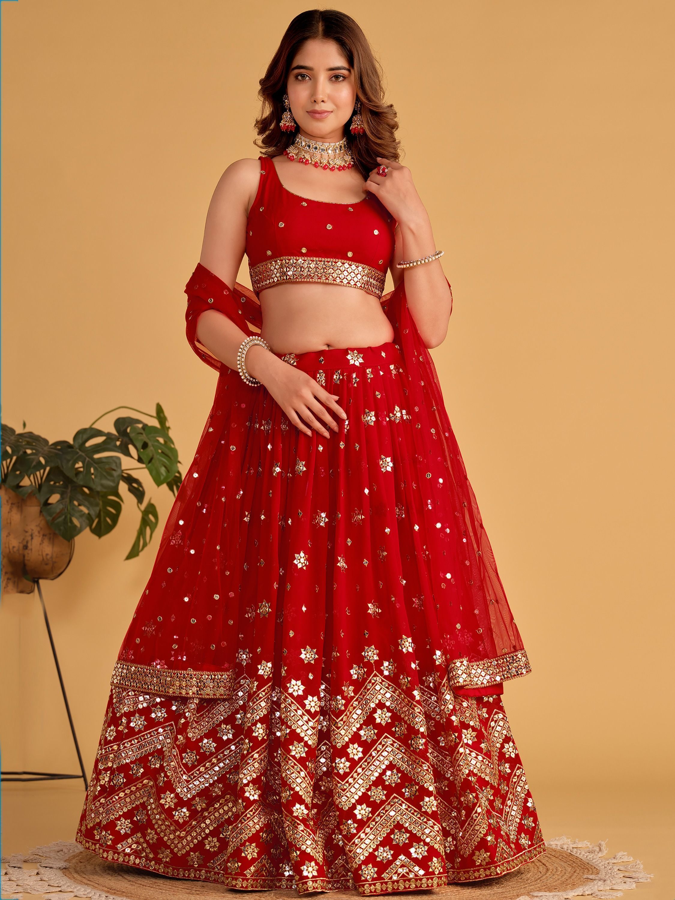 Red Sequin Georgette Wedding Lehenga Choli Set