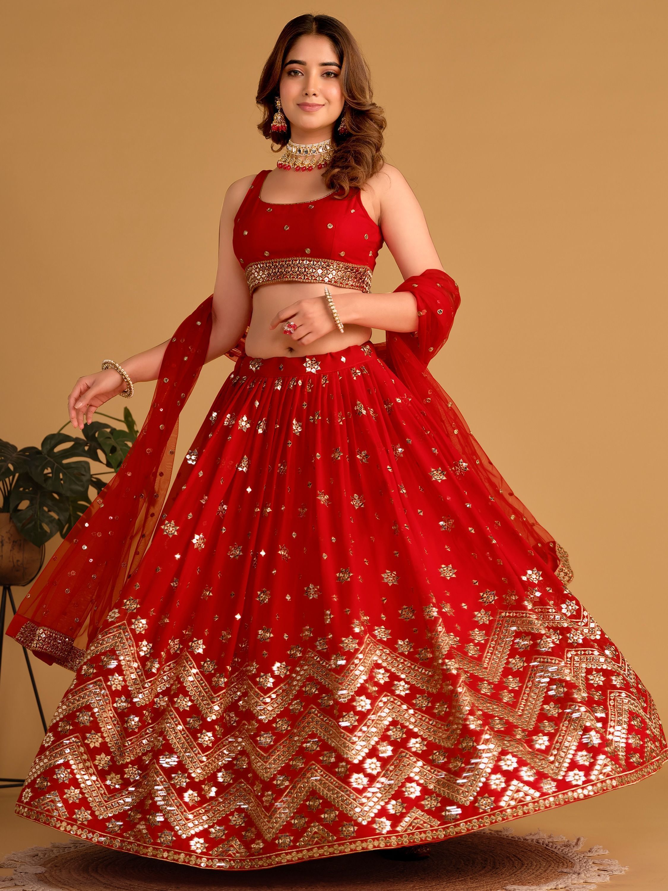 Red Sequin Georgette Wedding Lehenga Choli Set