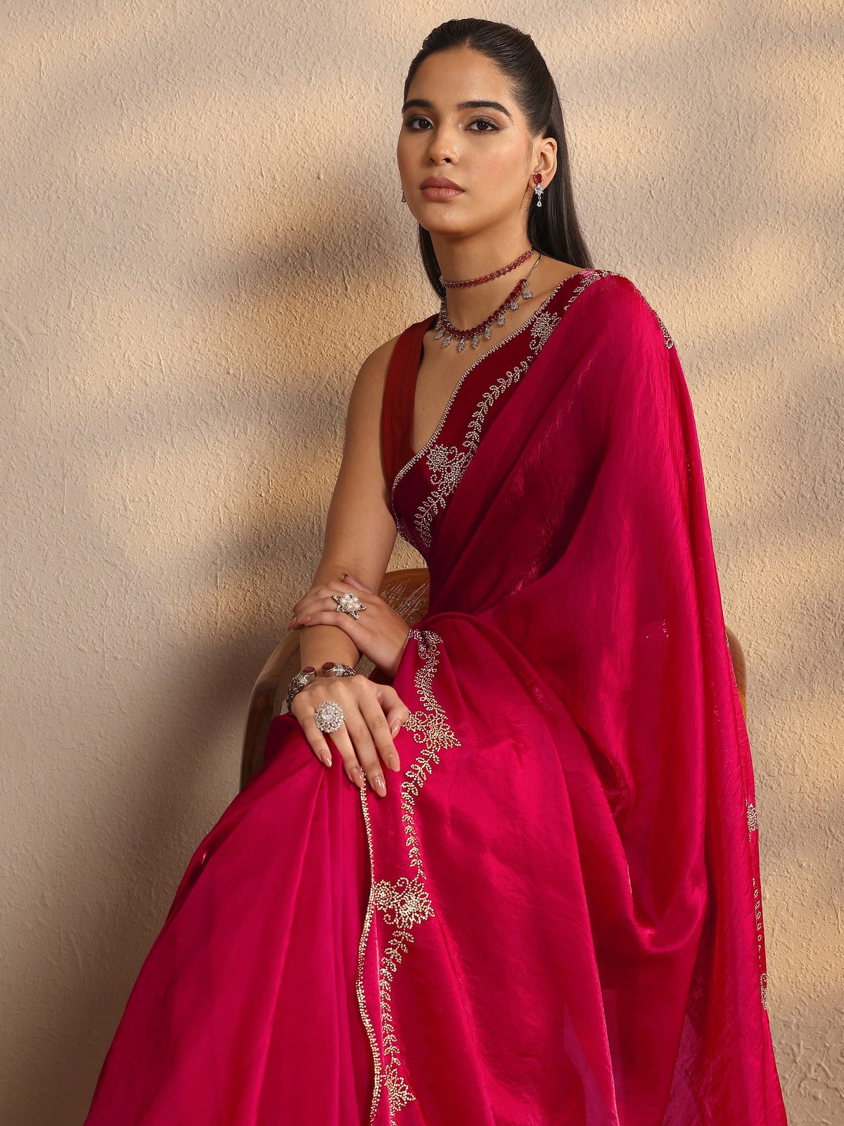 Anouk Red Solid Silk Blend Saree With Unstitched Blouse Piece