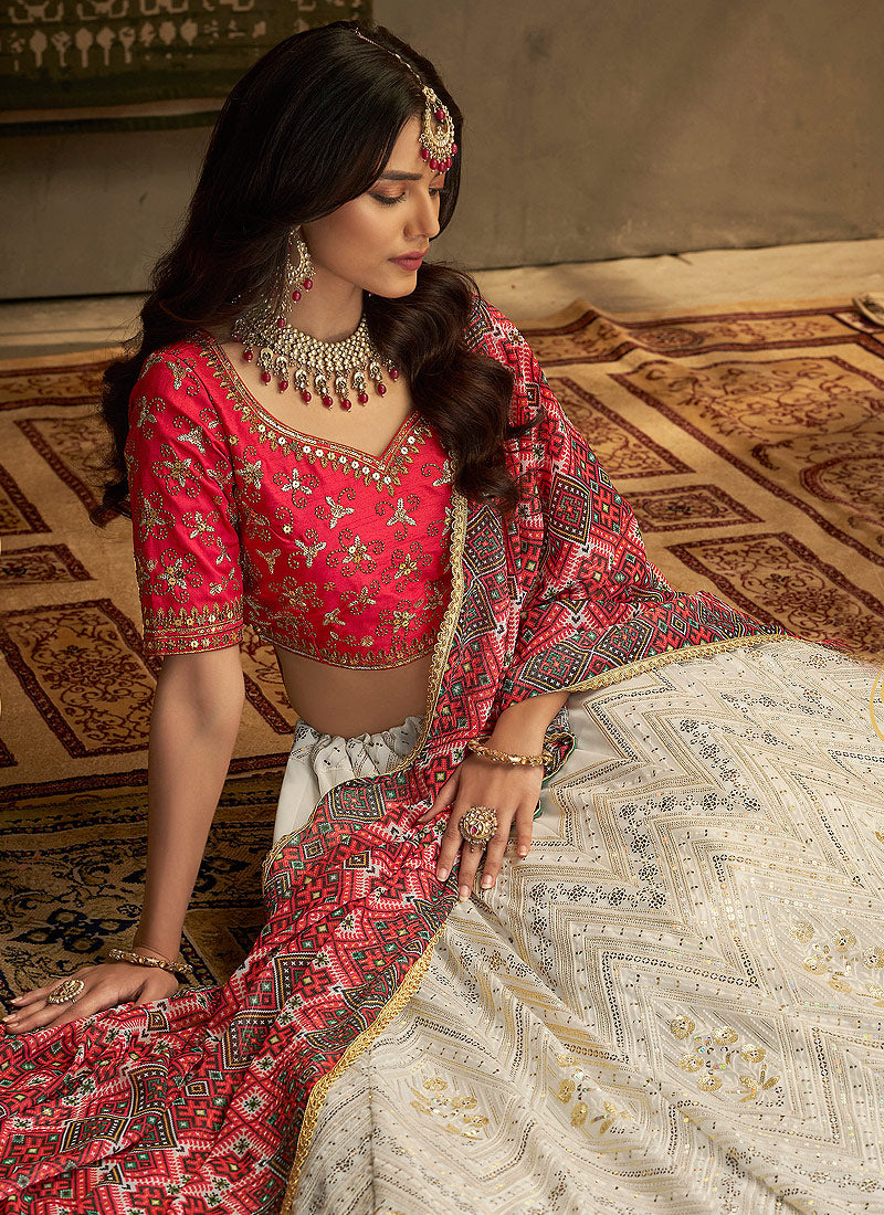 Red And White Stylish Embroidered Lehenga Choli
