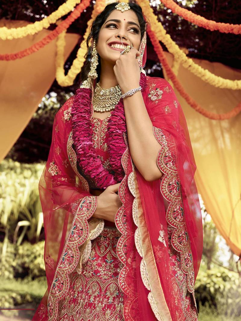 Red Embroidered Silk Semi Stitched Lehenga