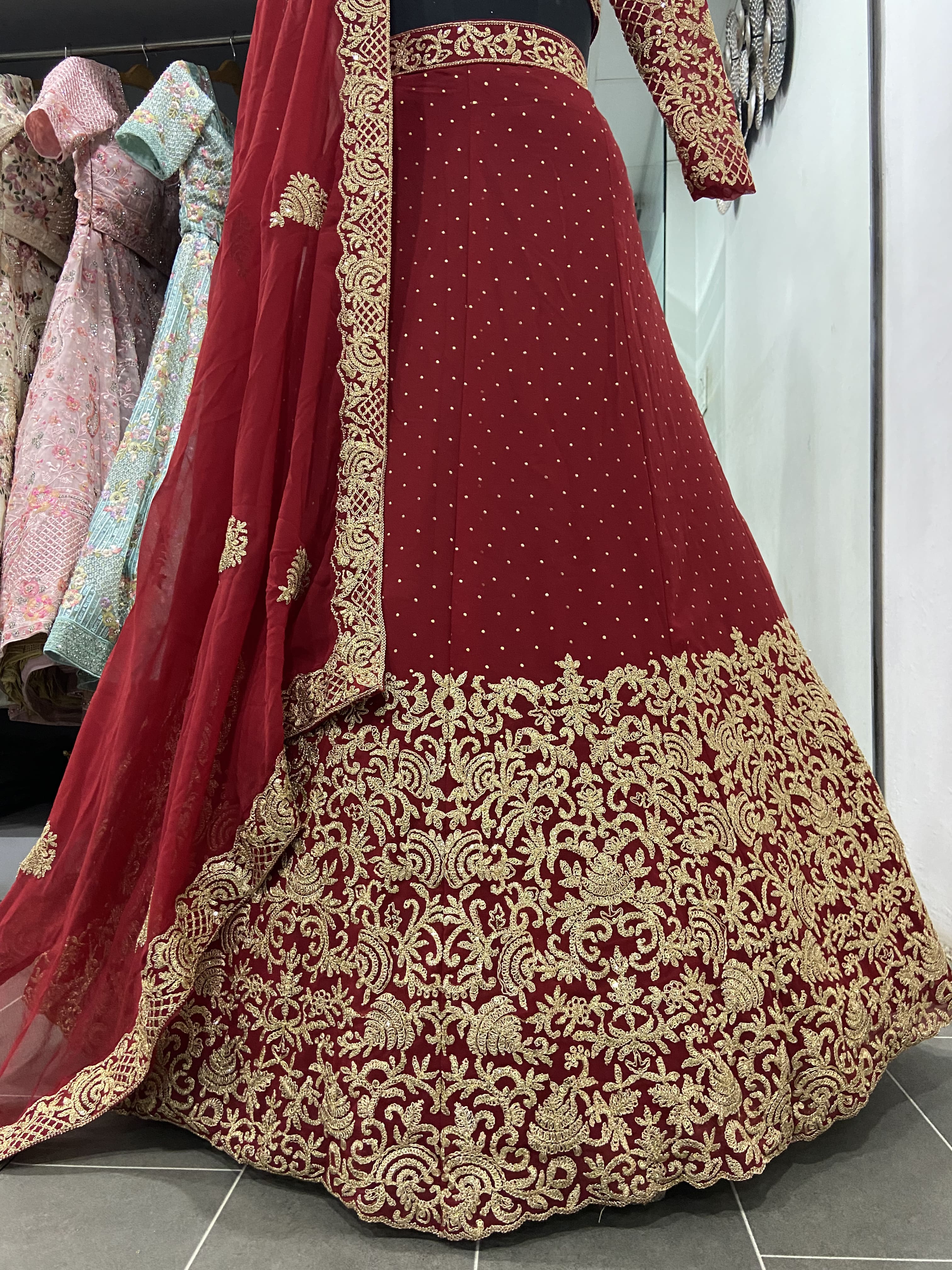 Red Lehenga Choli in Georgette With Mukaish Work