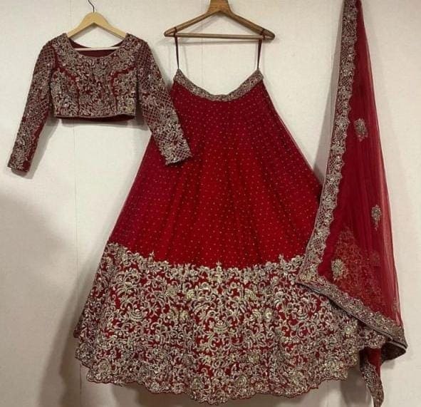 Red Lehenga Choli in Georgette With Mukaish Work