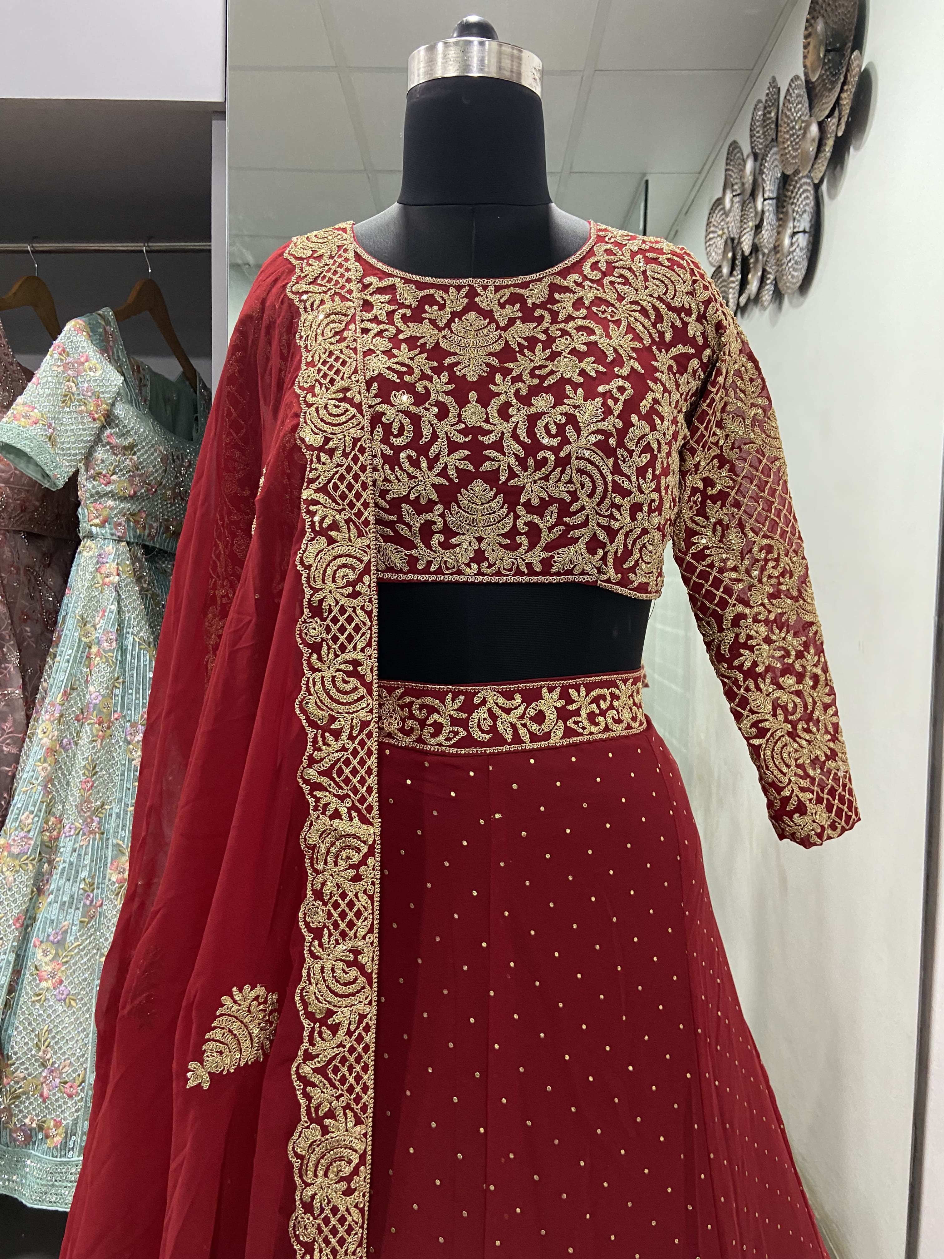 Red Lehenga Choli in Georgette With Mukaish Work