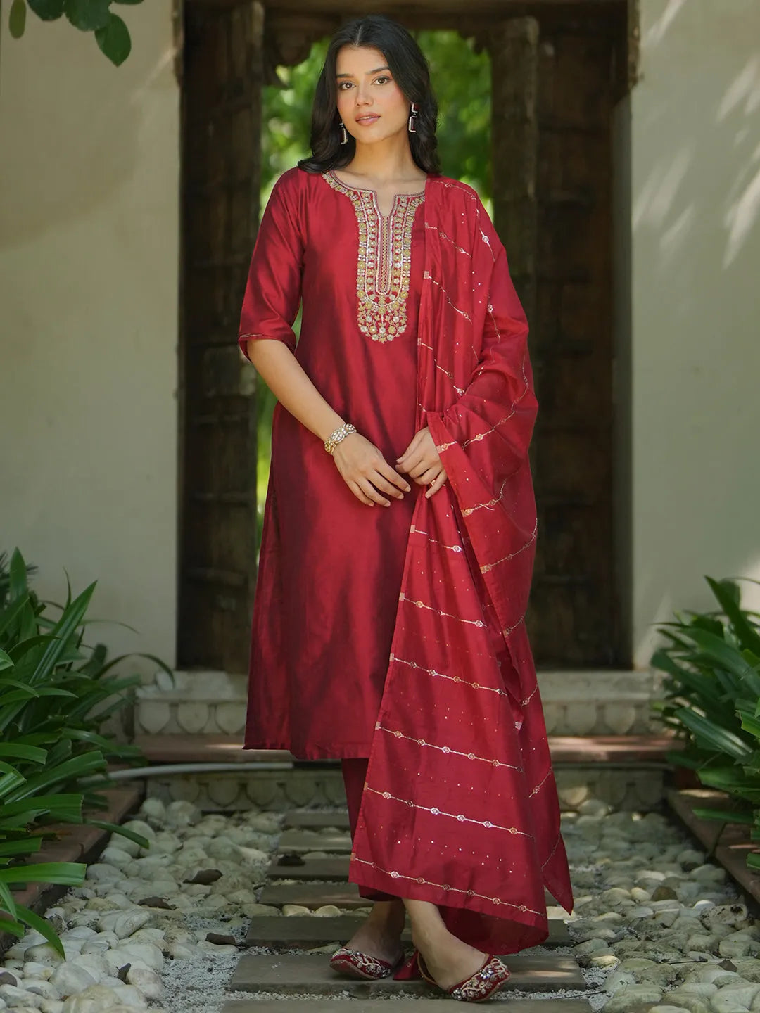 Anouk Red Yoke Design Silk Blend Straight Suit With Dupatta