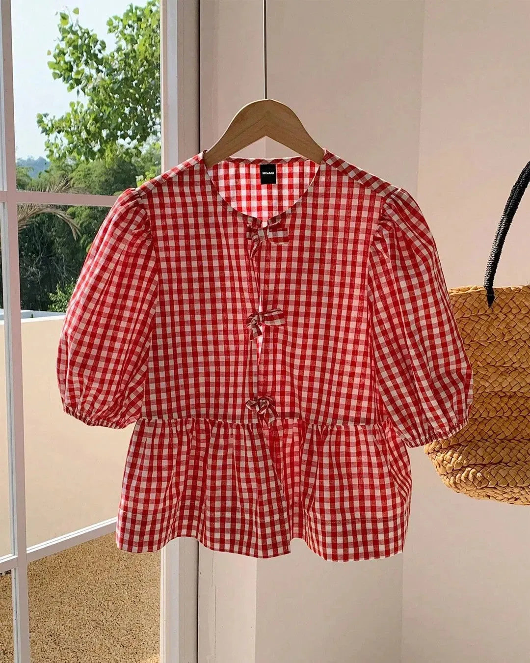 Red Gingham Peplum Blouse with Puff Sleeves