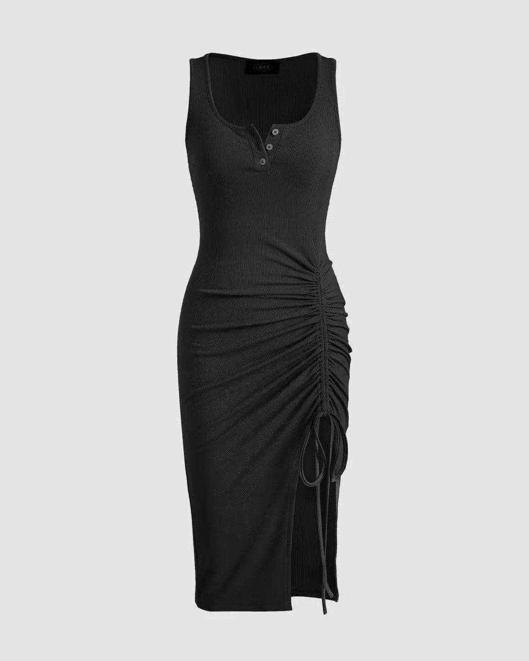 Rib Button Drawstring Midi Dress Black in Soft Black
