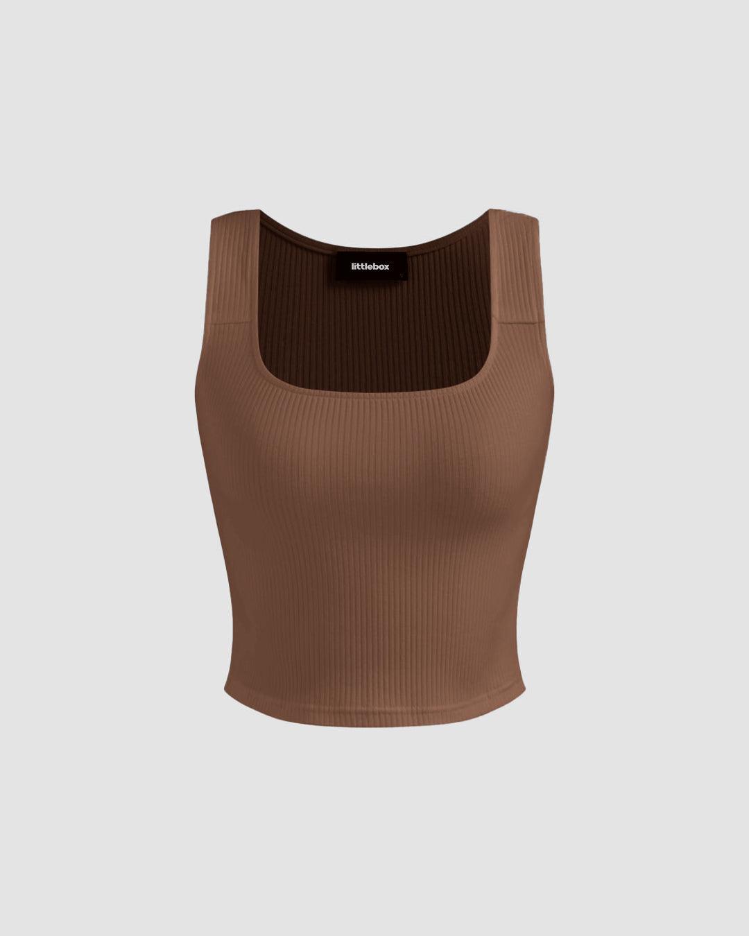 Rib Square Neck Solid Tank Crop Top In Brown