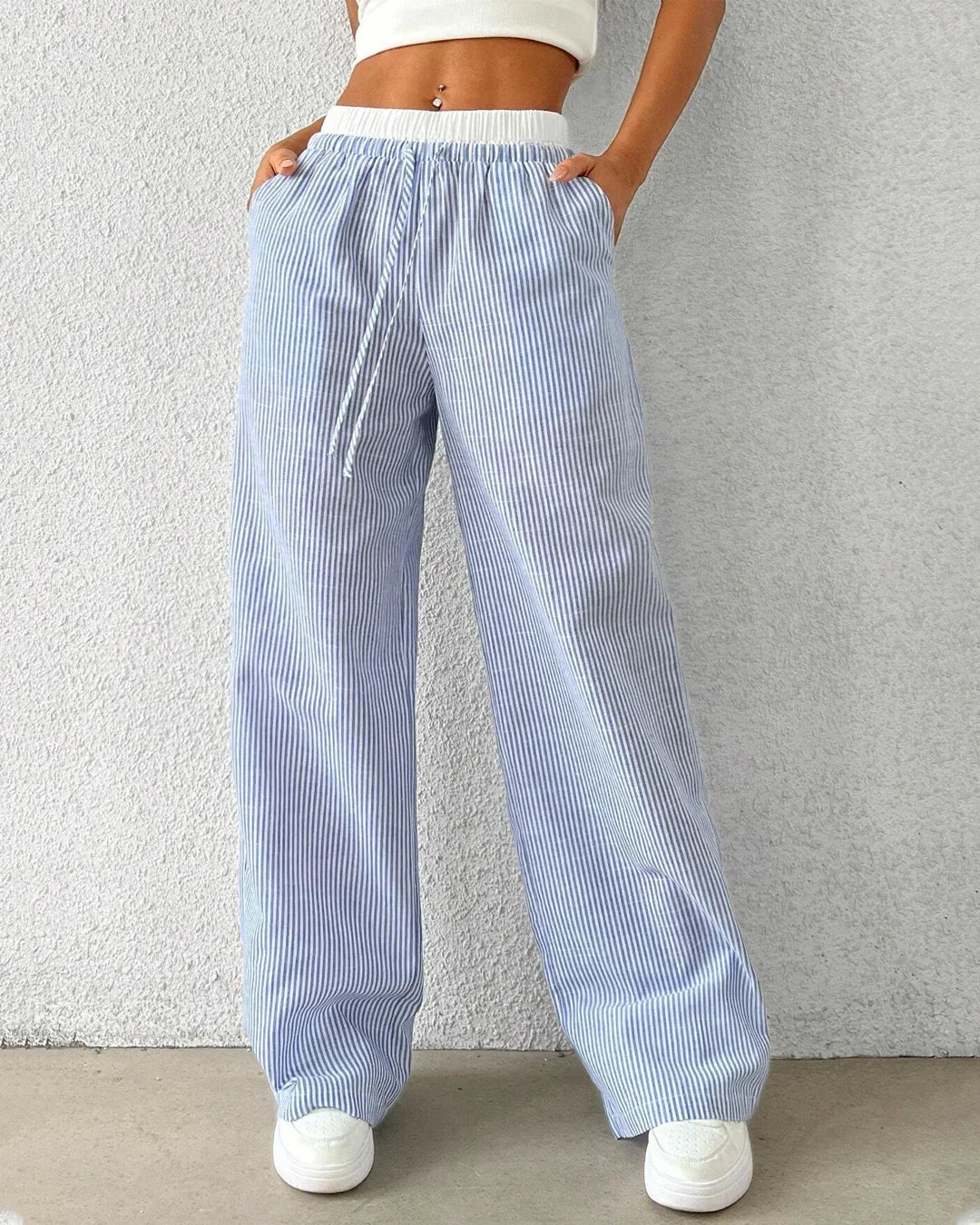 Rise Striped Drawstring Wide-Leg Trouser