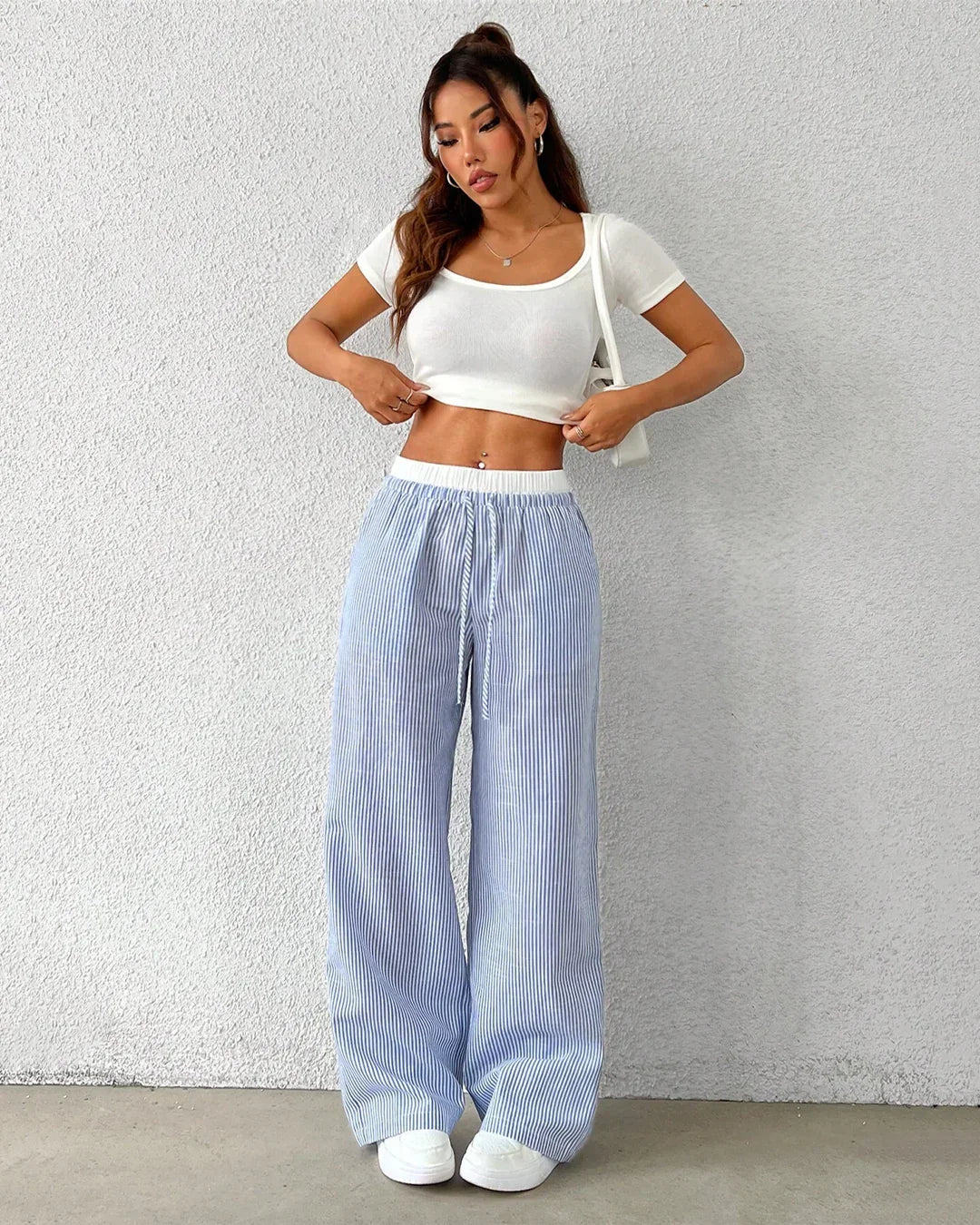 Rise Striped Drawstring Wide-Leg Trouser
