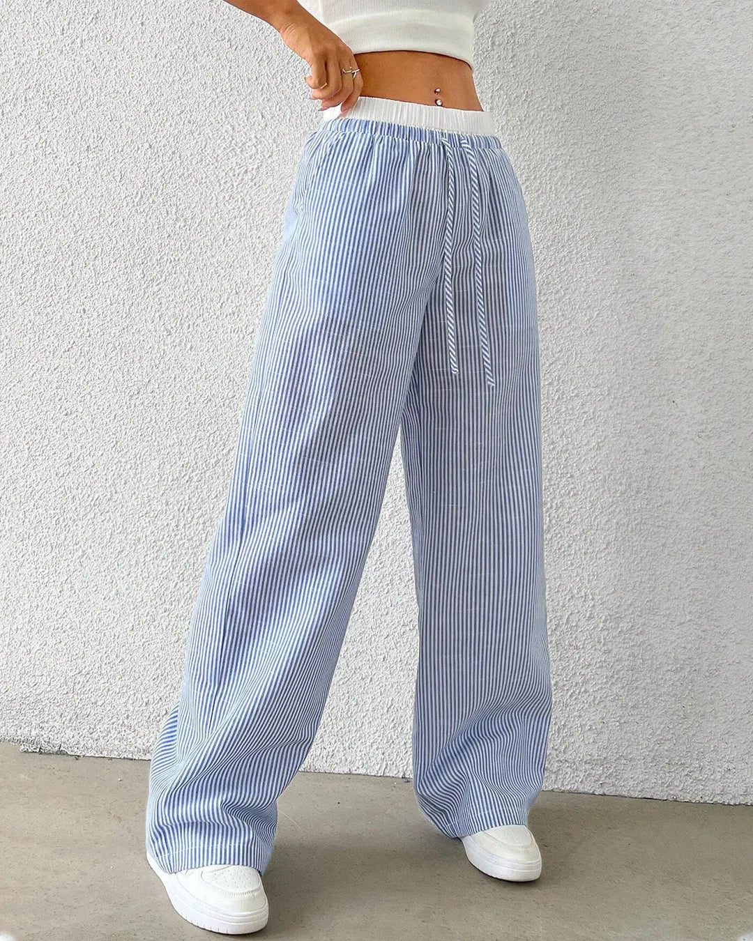Rise Striped Drawstring Wide-Leg Trouser