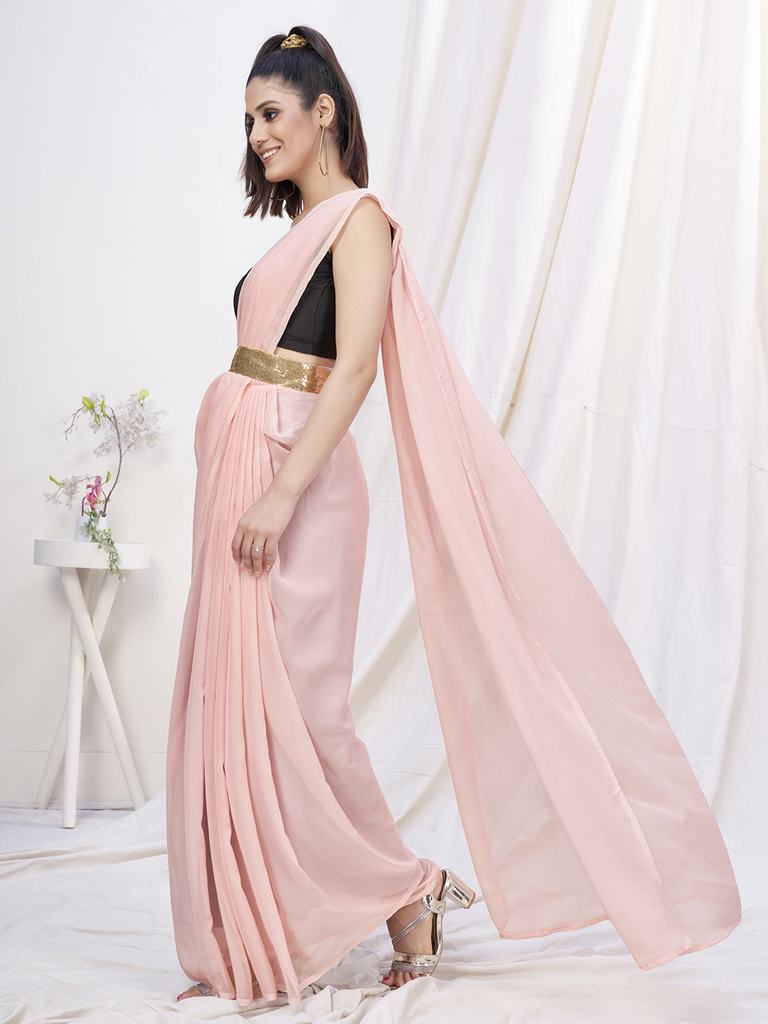 Rose Pink Pre-Stitched Blended Silk Saree