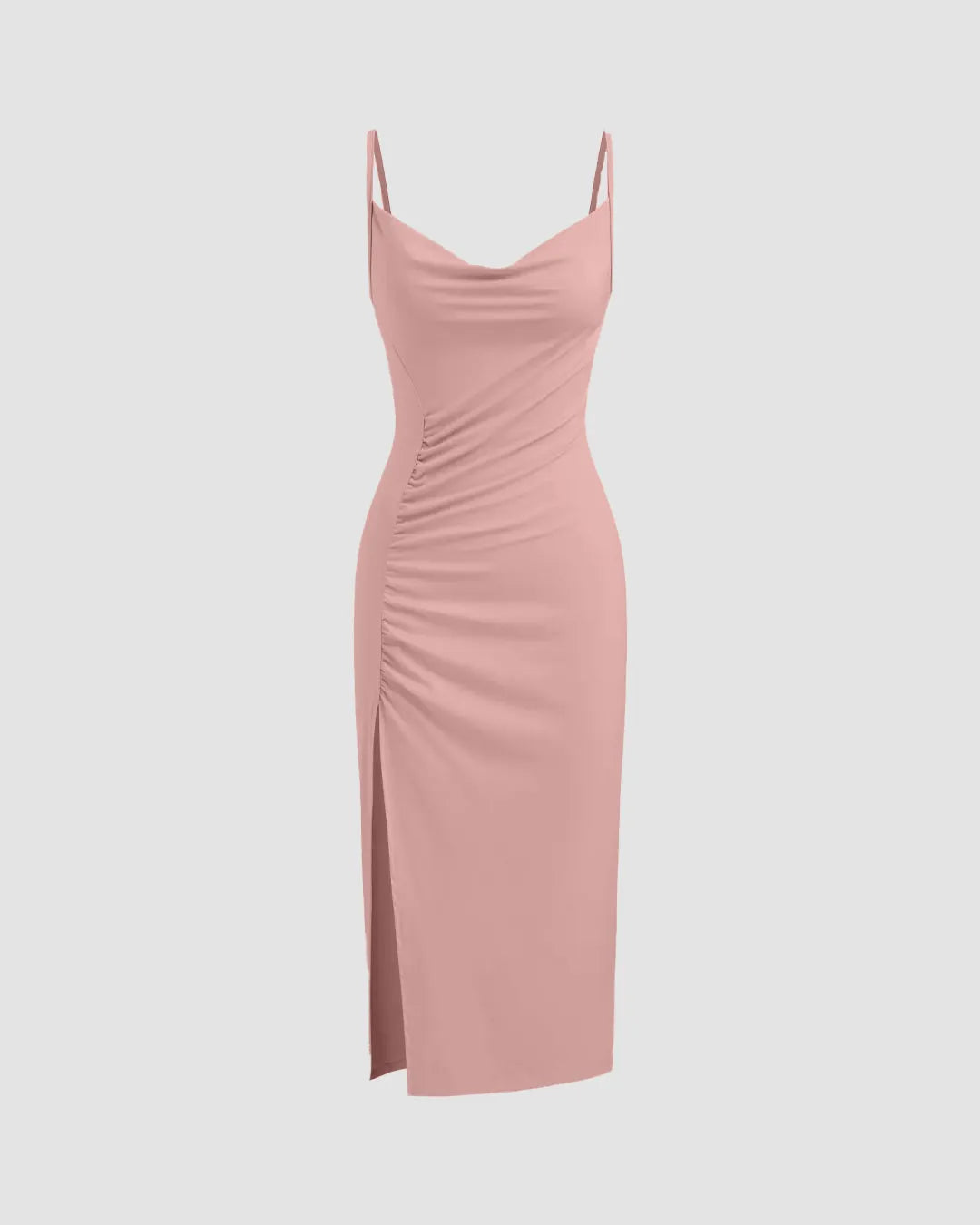 Rose Ruched Bodycon Midi Dress with Spaghetti Straps