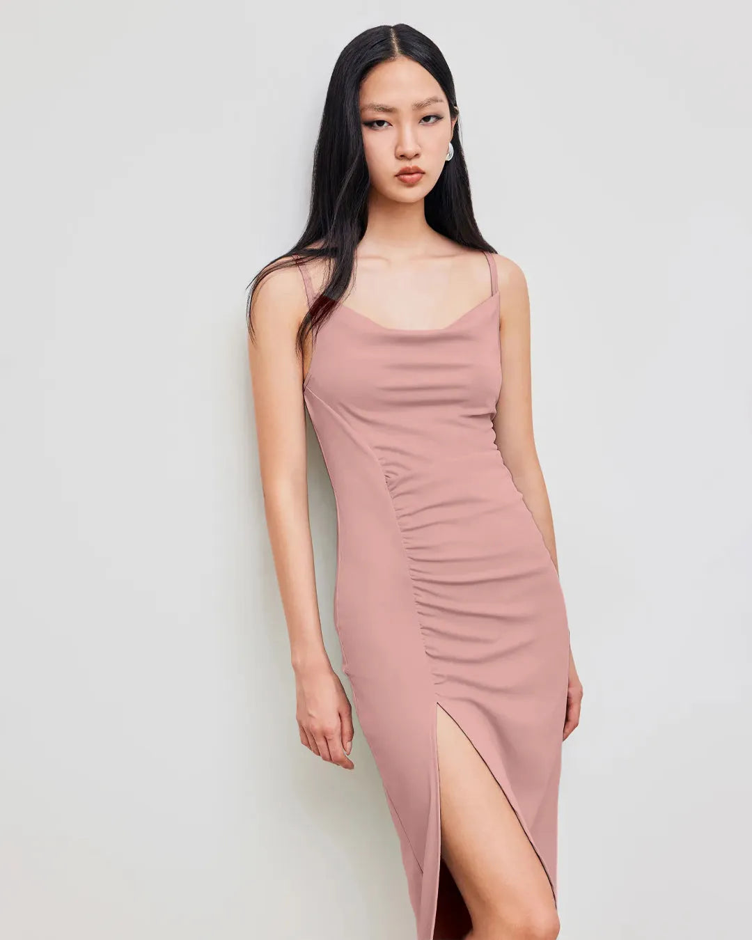 Rose Ruched Bodycon Midi Dress with Spaghetti Straps