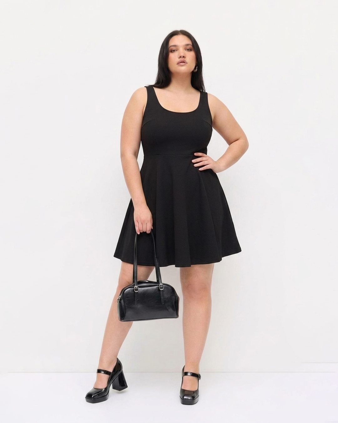 Round Neck Fit And Flare Sleeveless Solid Mini Dress Curve and Plus in Classic Black