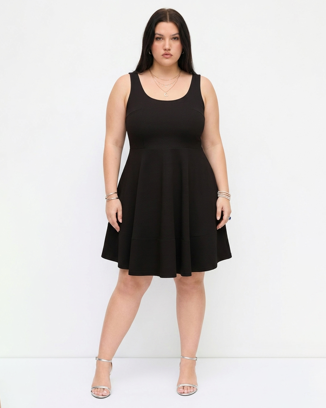 Round Neck Fit And Flare Sleeveless Solid Mini Dress Curve and Plus in Classic Black