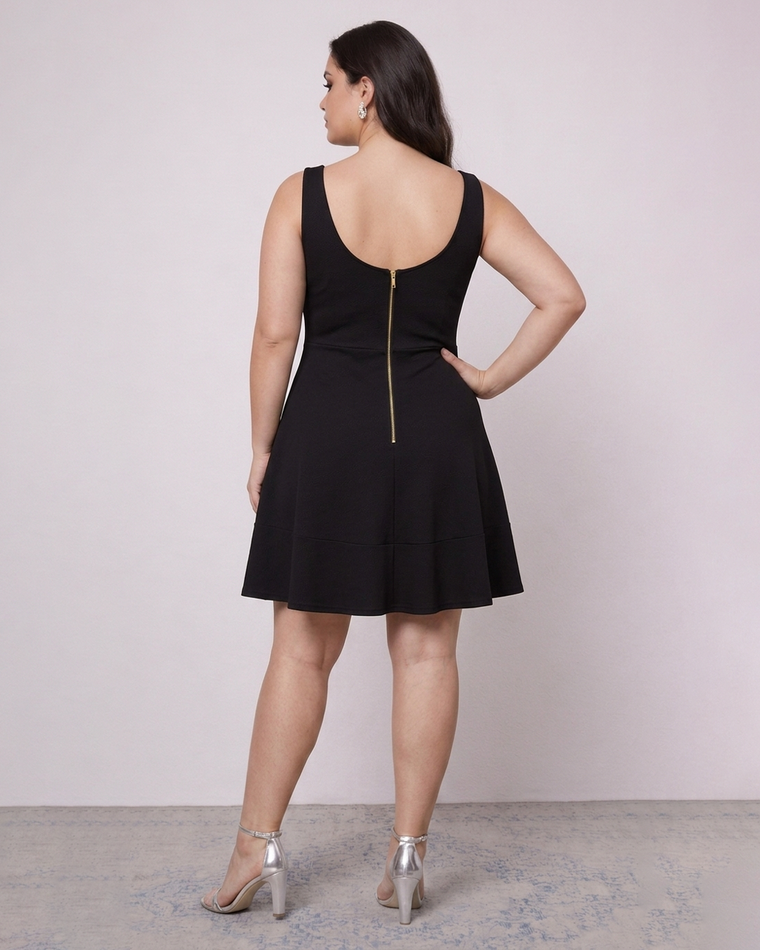 Round Neck Fit And Flare Sleeveless Solid Mini Dress Curve and Plus in Classic Black