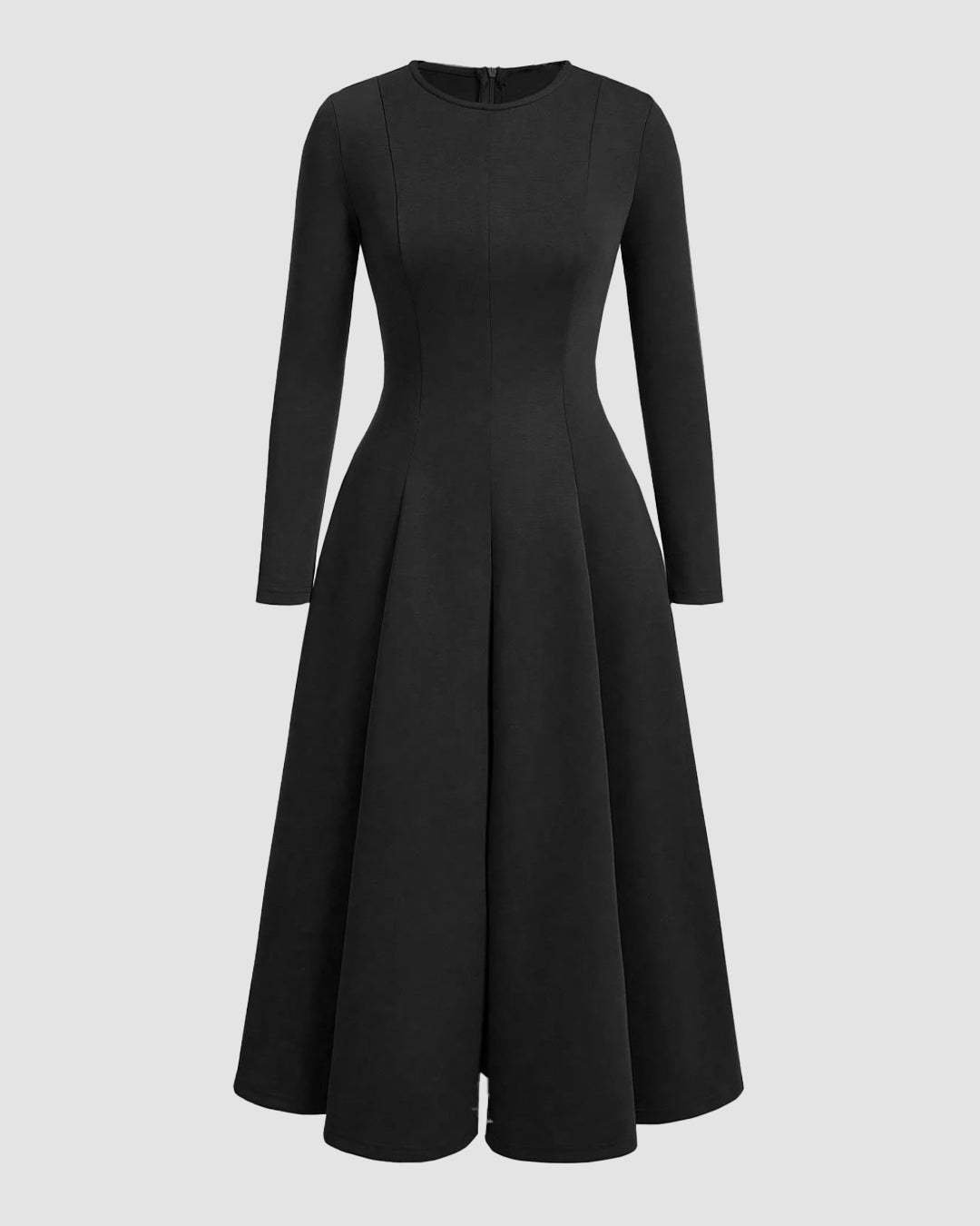 Round Neck Fit & Flare Solid Long Sleeve Midi Dress in Black
