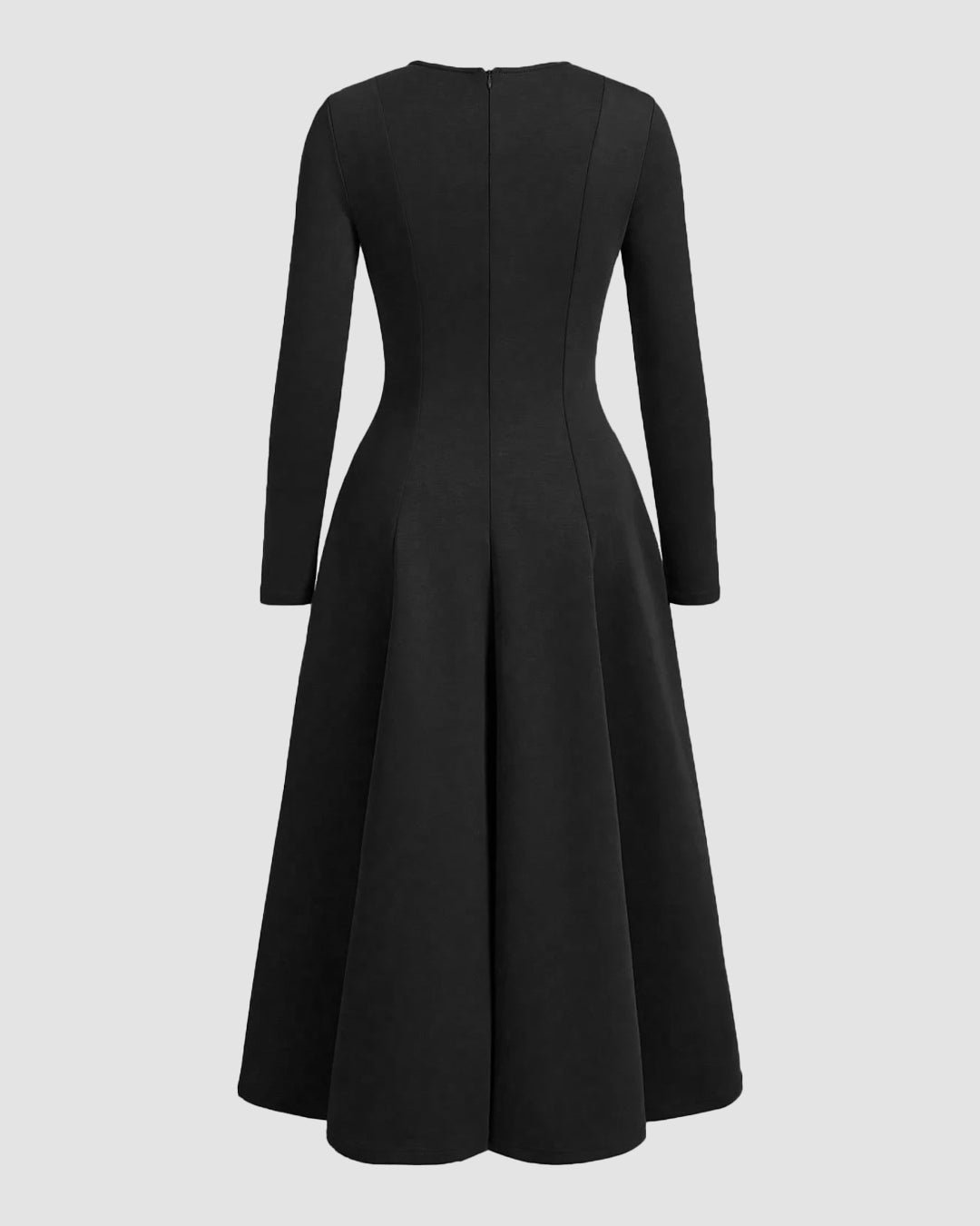 Round Neck Fit & Flare Solid Long Sleeve Midi Dress in Black