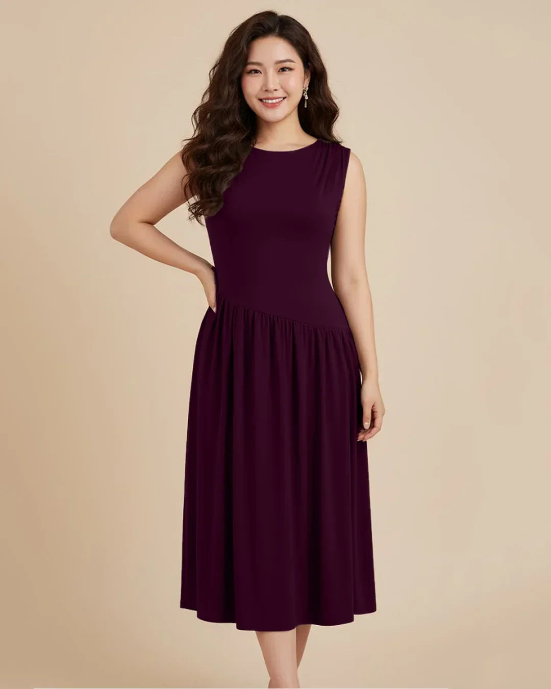 Round Neckline Ruffle Ruched Lace Up Midi Dress Curve & Plus in Maroon