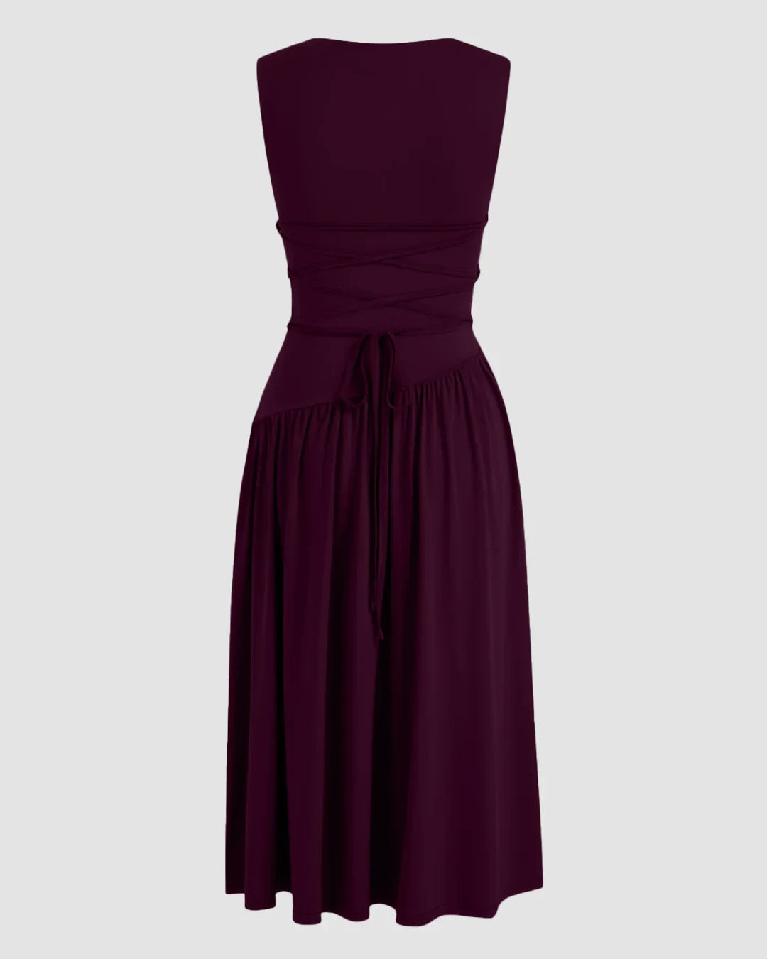 Round Neckline Ruffle Ruched Lace Up Midi Dress Curve & Plus in Maroon