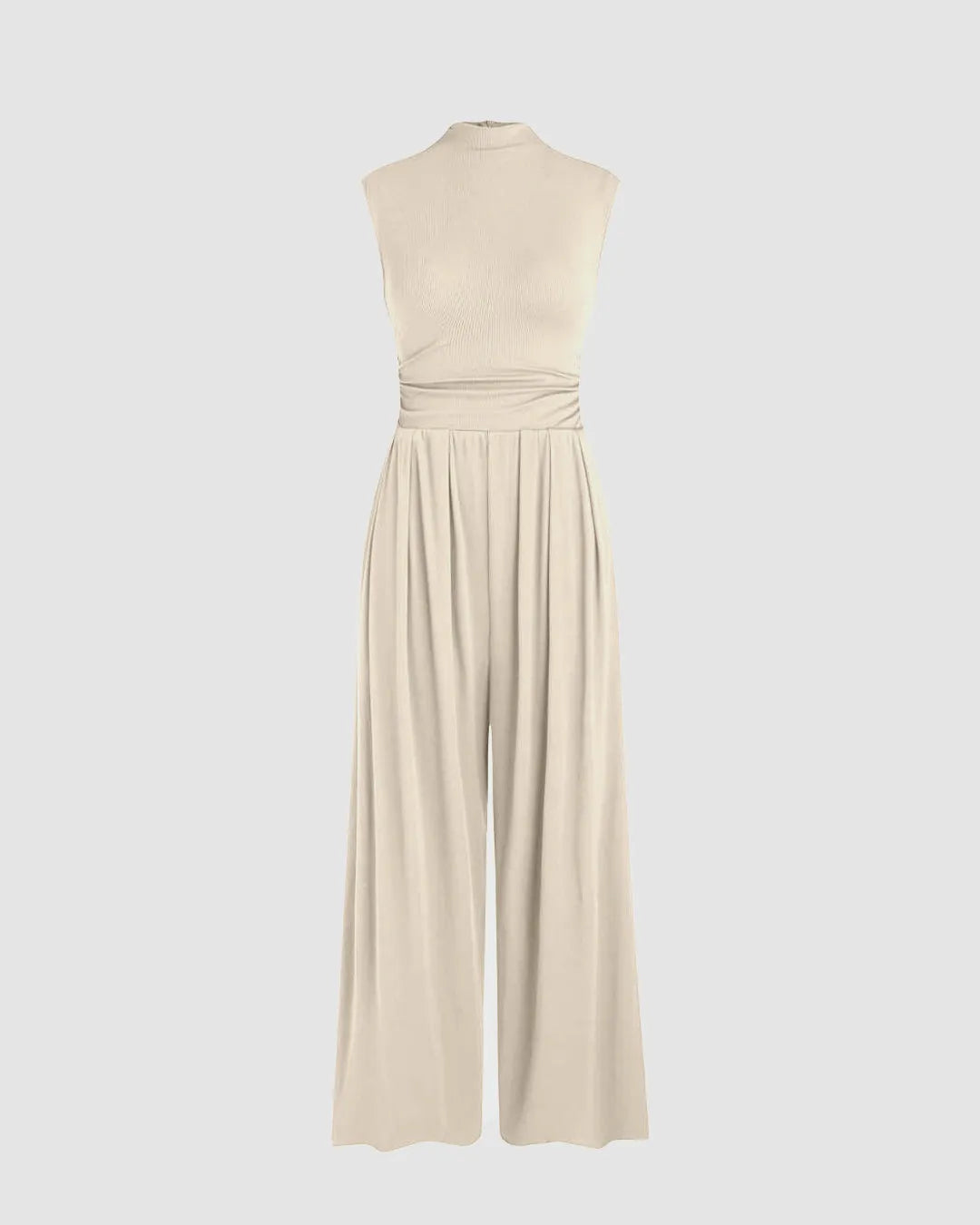 Round Neckline Solid Pleated Jumpsuit In Apricot